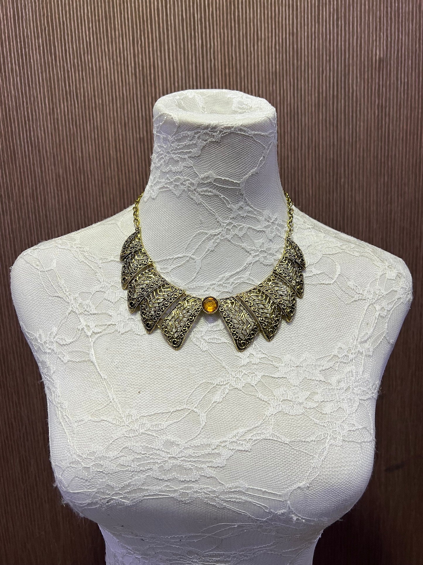 Gold Metal plated necklace with decorative pattern, Plated Necklace, Metal plated necklace, Aztec Necklace, Costume, Aztec Style