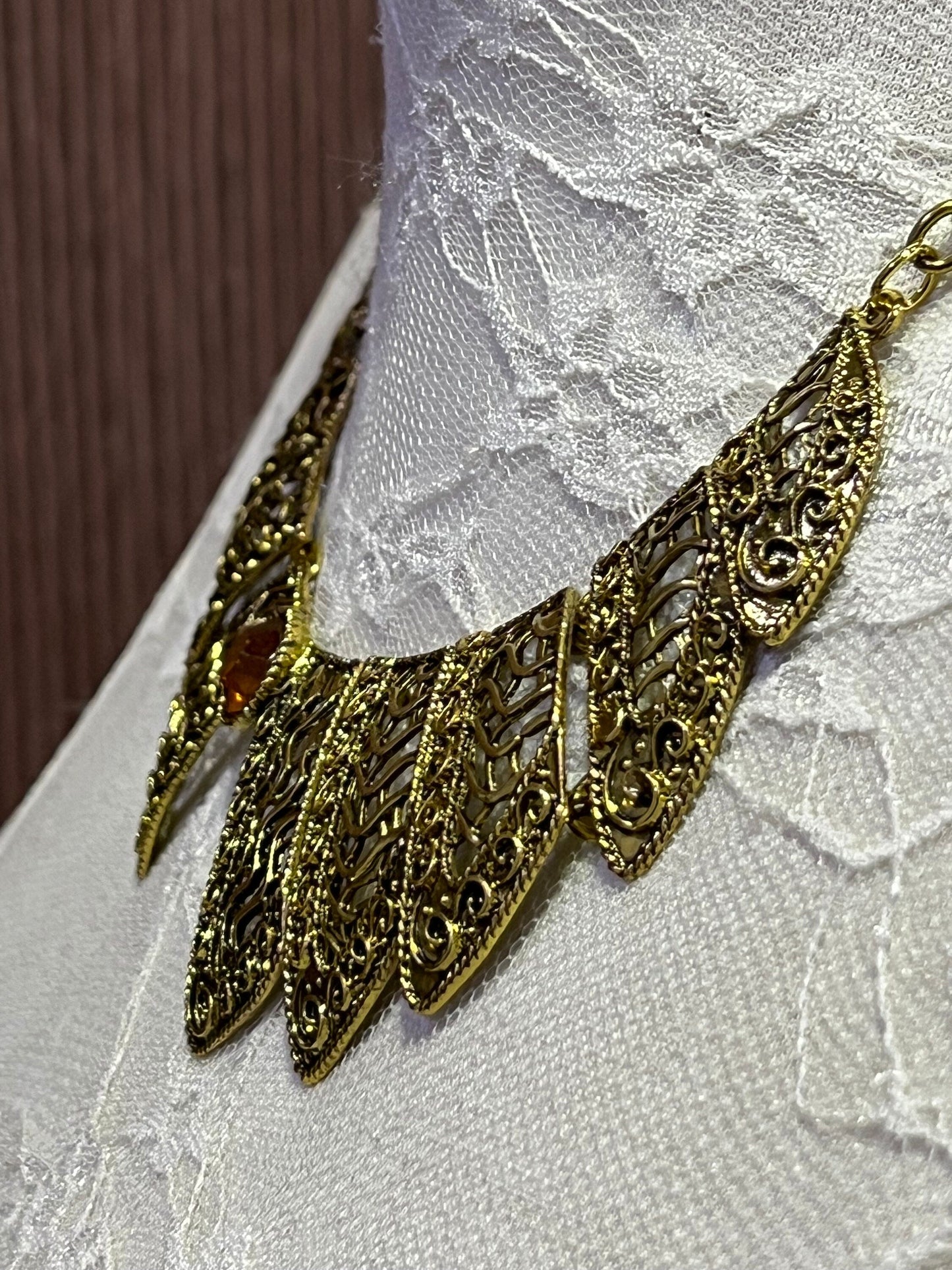 Gold Metal plated necklace with decorative pattern, Plated Necklace, Metal plated necklace, Aztec Necklace, Costume, Aztec Style