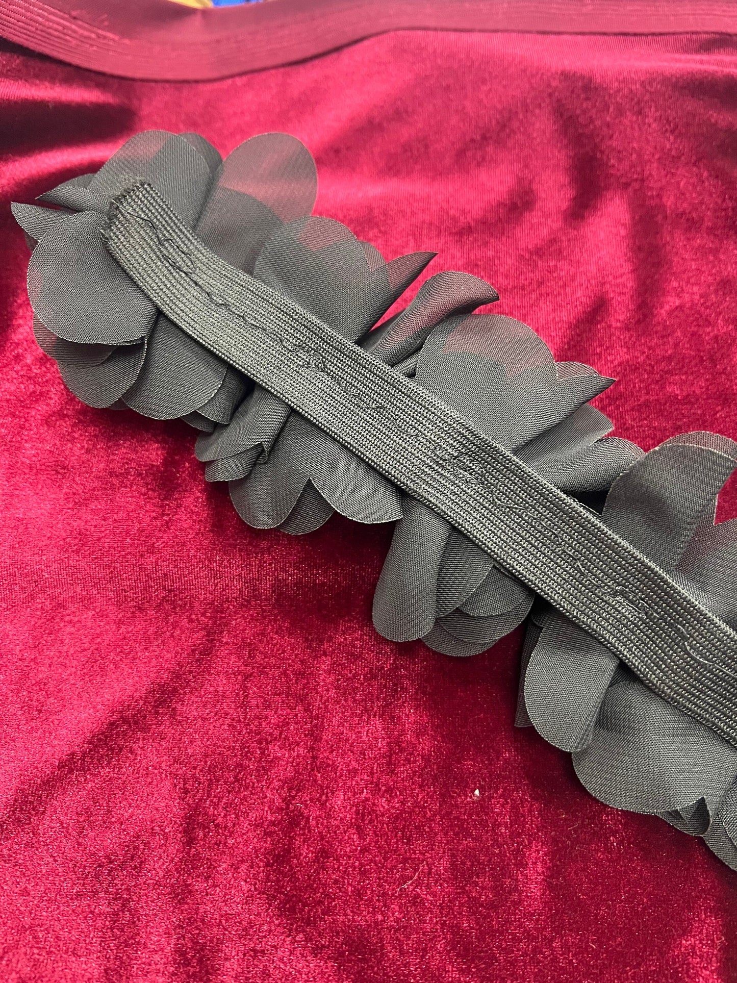 Black Flower Organza on elastic tape roll, Elasticated Flower Organza, Elastic Tape, Flower Applique, flower, elastic flower, rose tape