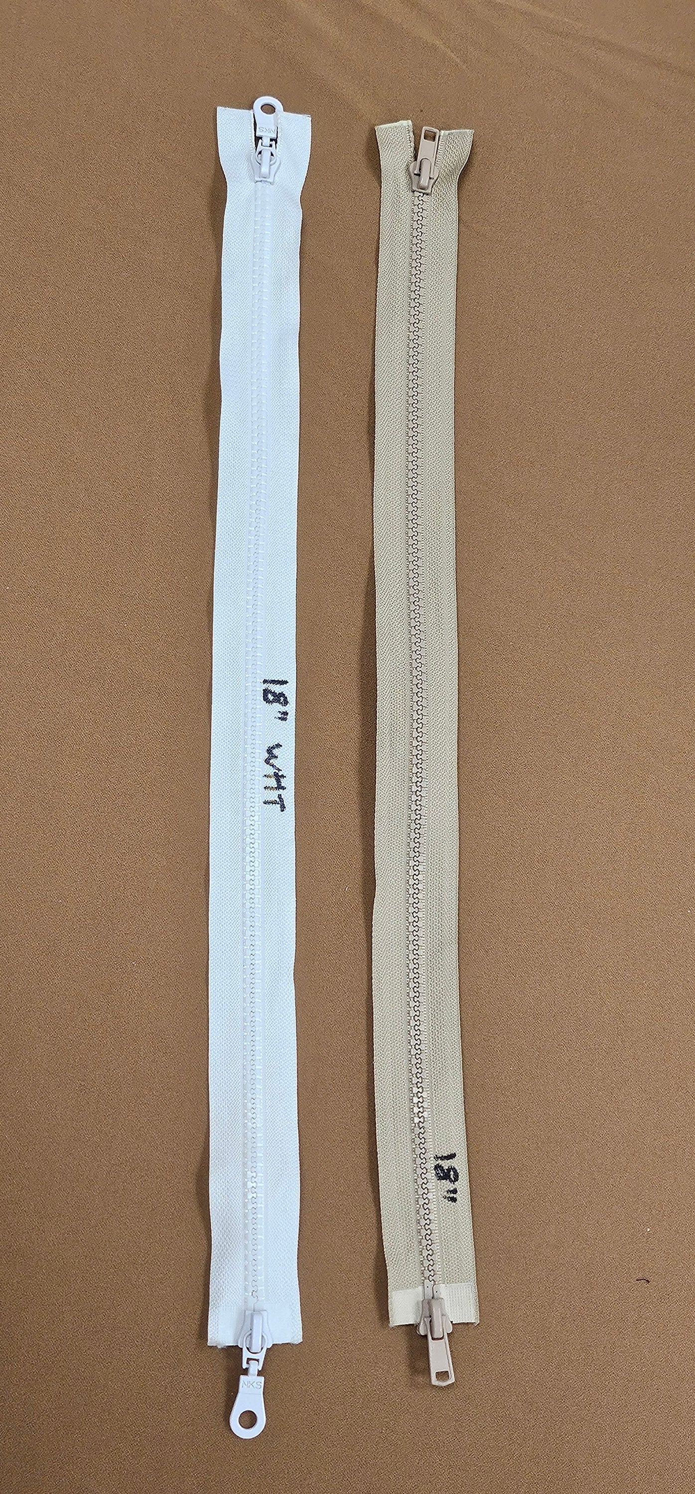 18" Double-sided zippers, zips, Metal puller/slider, Plastic teeth, 2 way zips, two way zips, zips