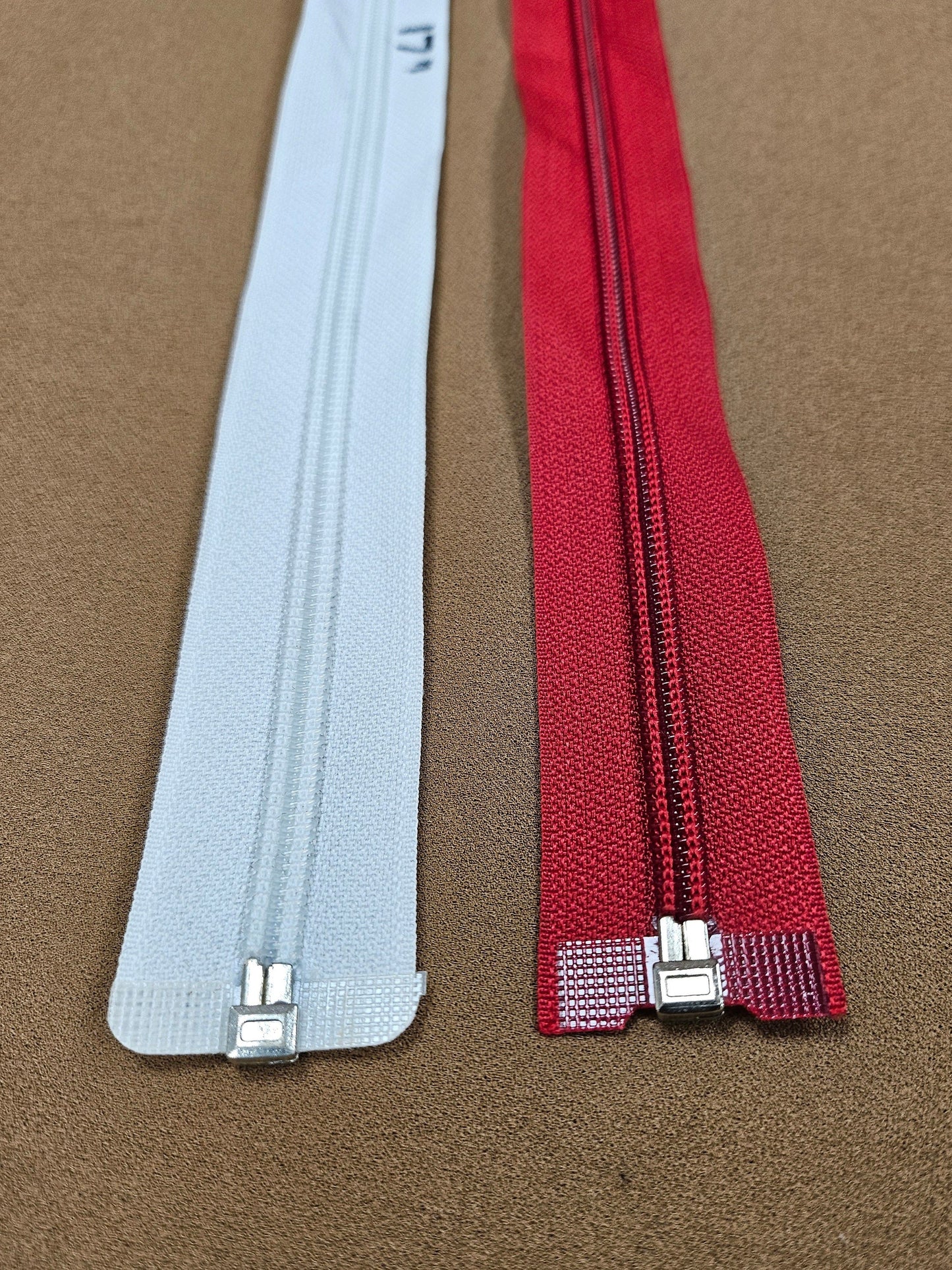 17" Open-ended zips, plastic teeth, metal zip slider/puller (B)