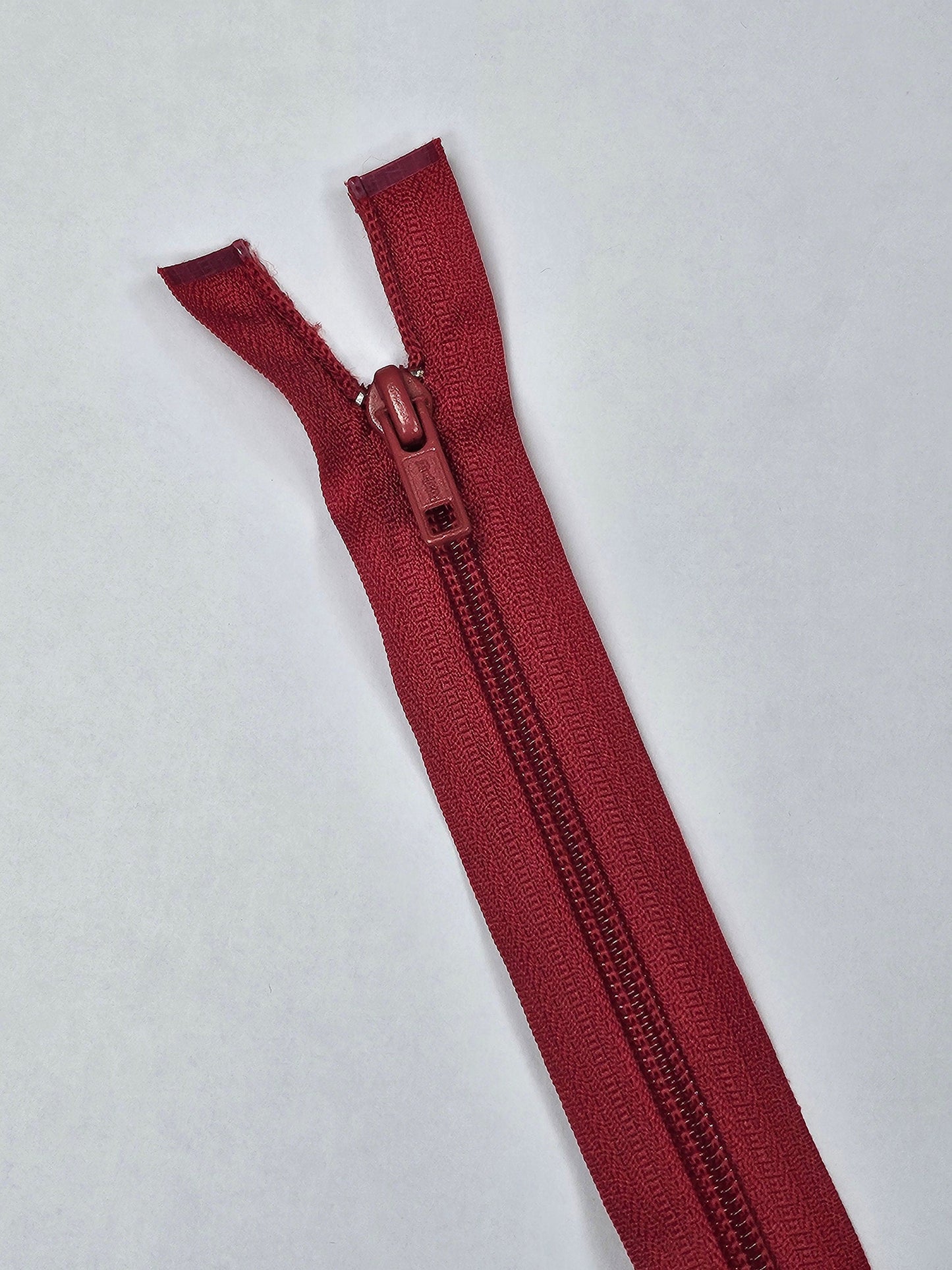 31" Open ended zip, Red Open Ended Zip, plastic teeth, metal slider/puller