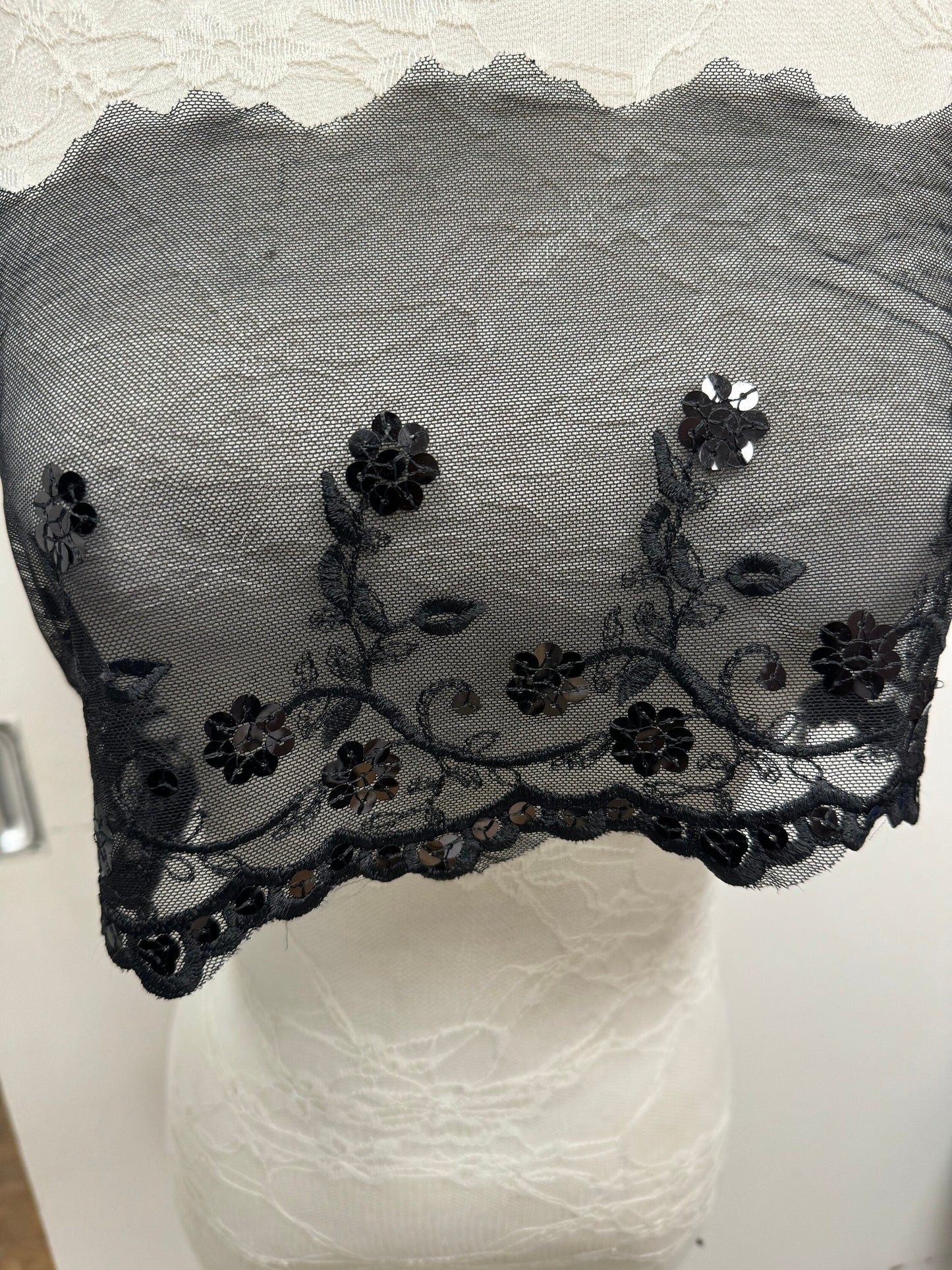 Sequin lace, sequin on mesh, sequins trimming, black sequin lace