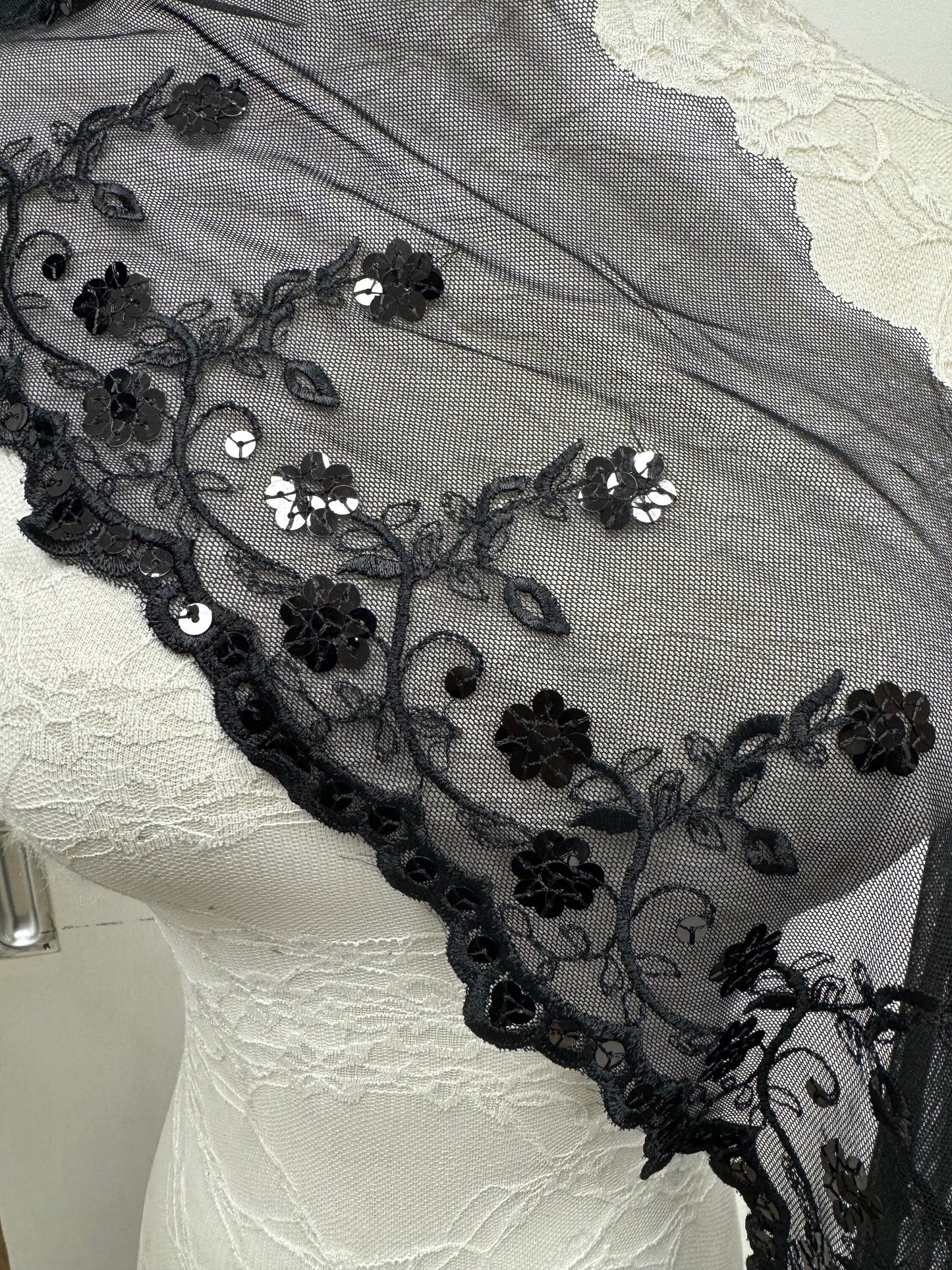 Sequin lace, sequin on mesh, sequins trimming, black sequin lace