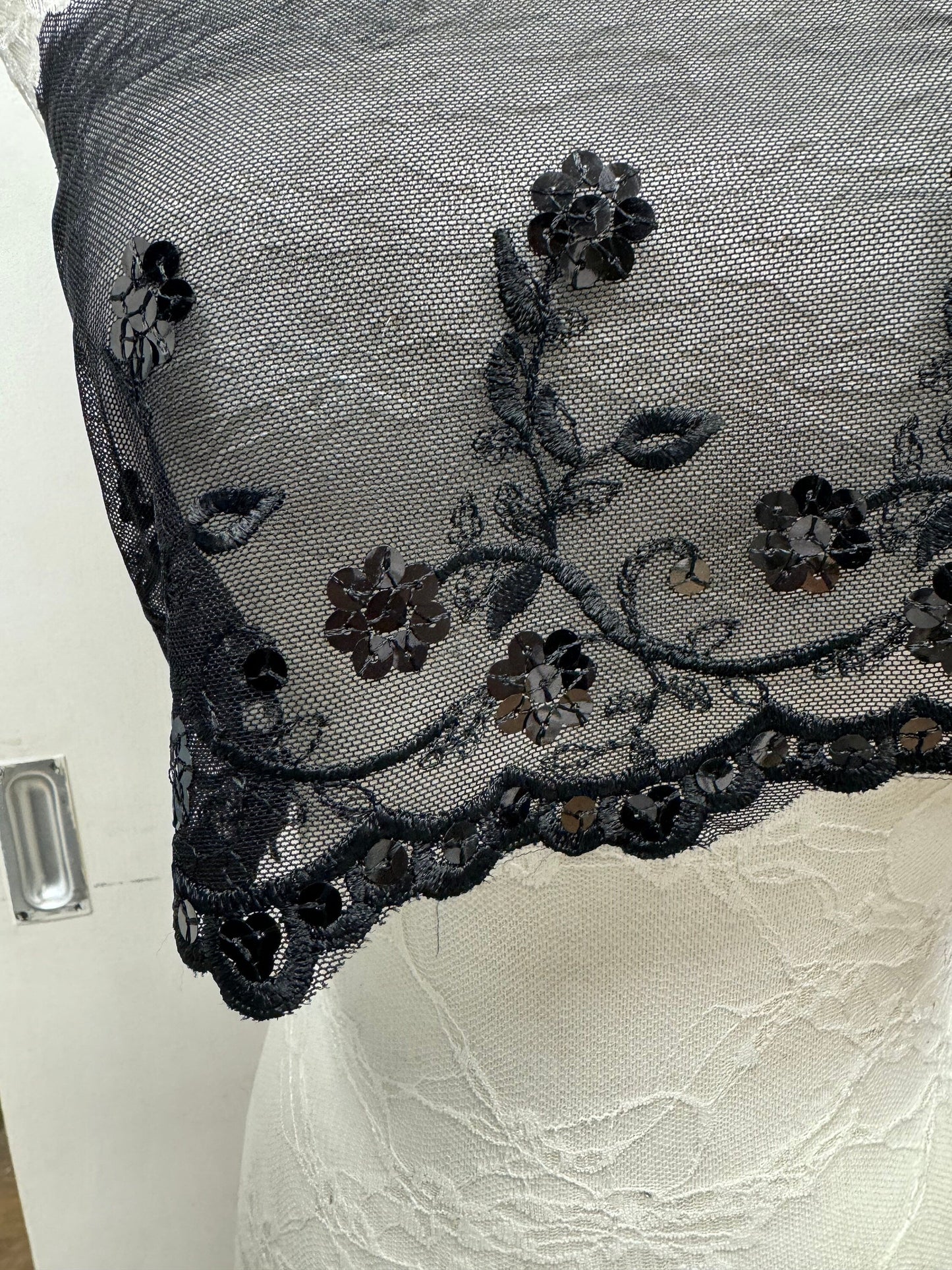 Sequin lace, sequin on mesh, sequins trimming, black sequin lace