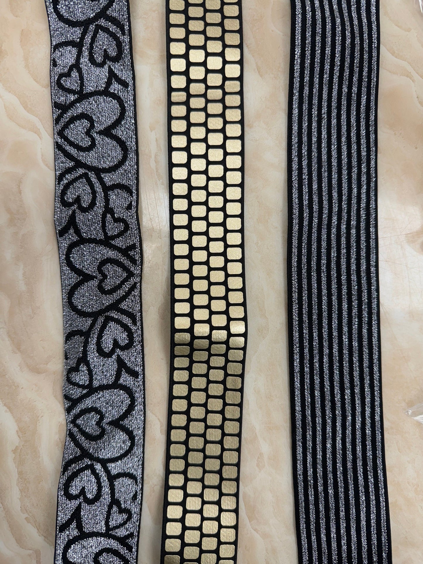 Elastic, stretch tape, fancy elastic, gold elastic, silver elastic, print elastic