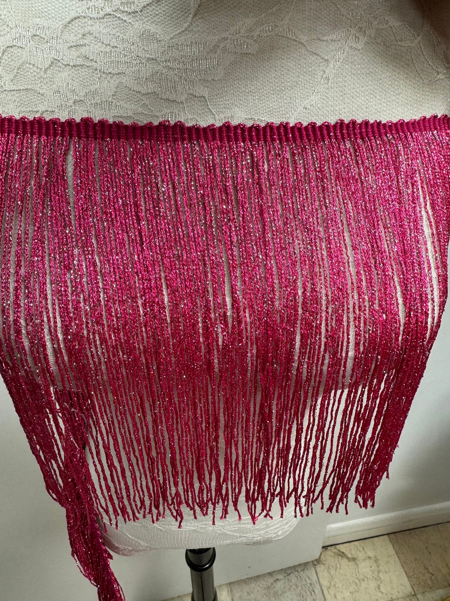 Hot pink fringe, lurex fringe, cerise silver lurex fringe, silver lurex fringe, disco fringe, party fringe, dance wear fringe