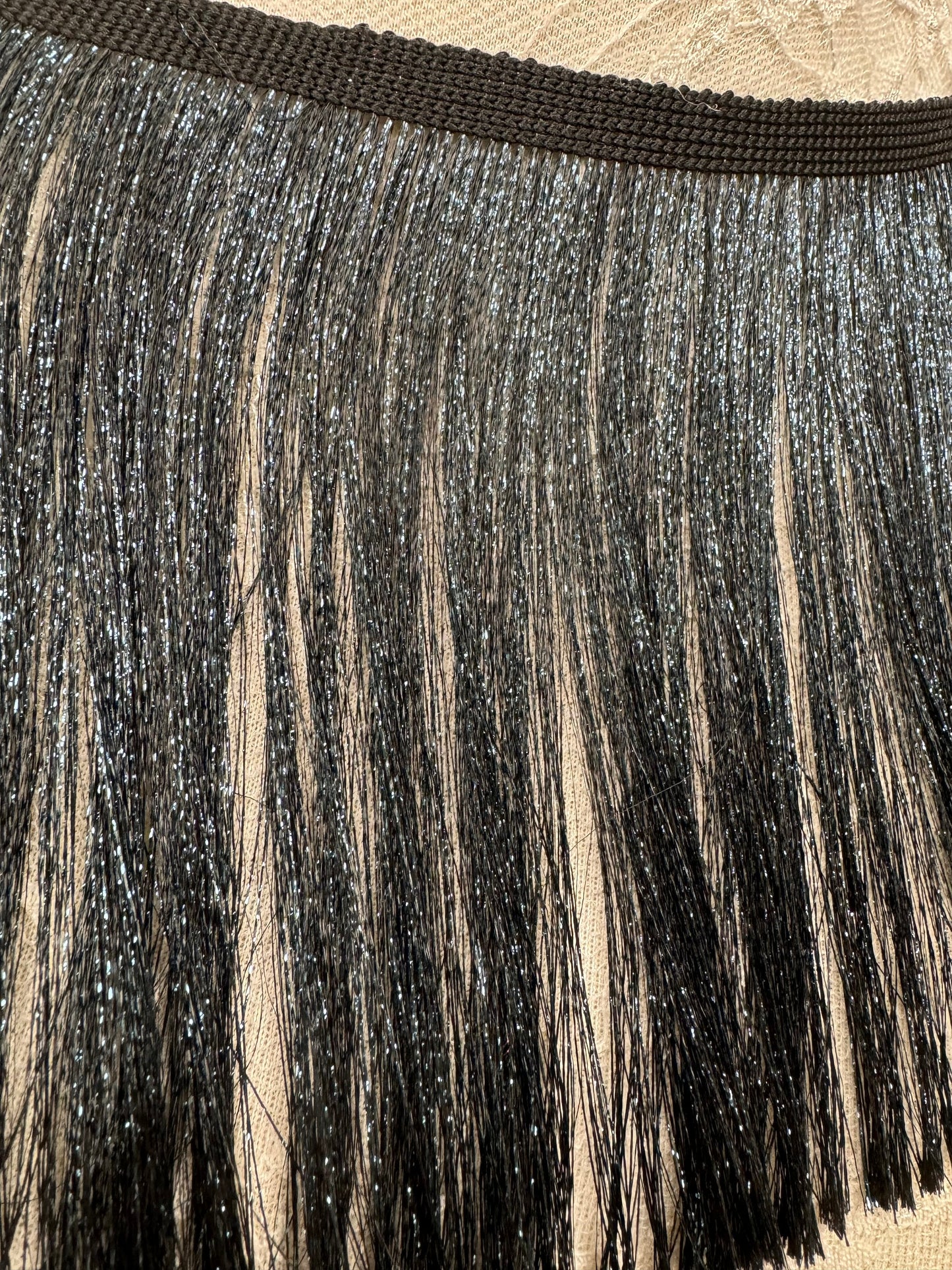 Satin fringe, gunmetal blue fringe, 15cm fringe, luxury fringe, lurex blue fringe,