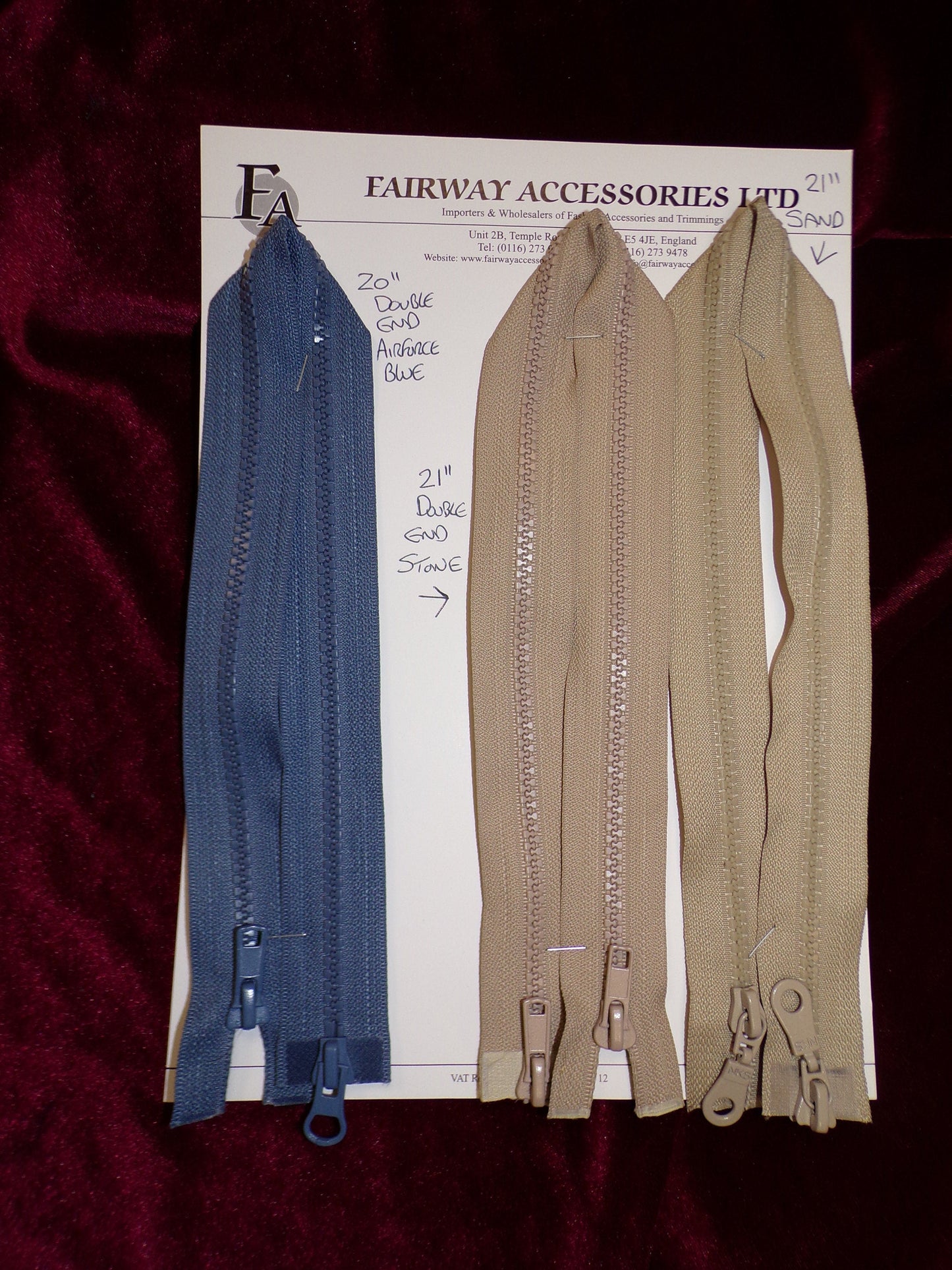 20"& 21" DOUBLE ENDED ZIPS,replacement zips, garment zips, coloured zips