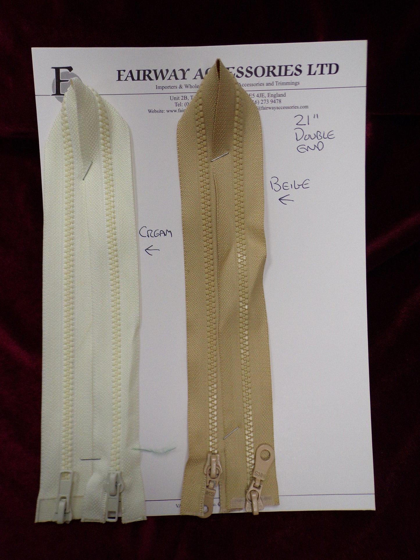 20"& 21" DOUBLE ENDED ZIPS,replacement zips, garment zips, coloured zips
