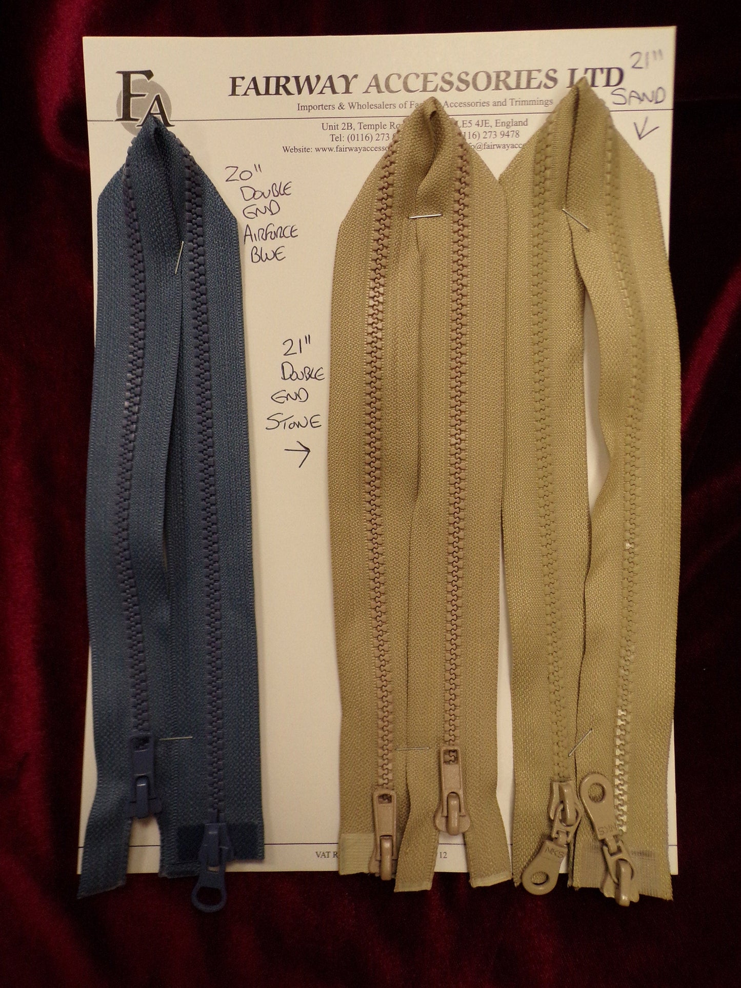 20"& 21" DOUBLE ENDED ZIPS,replacement zips, garment zips, coloured zips