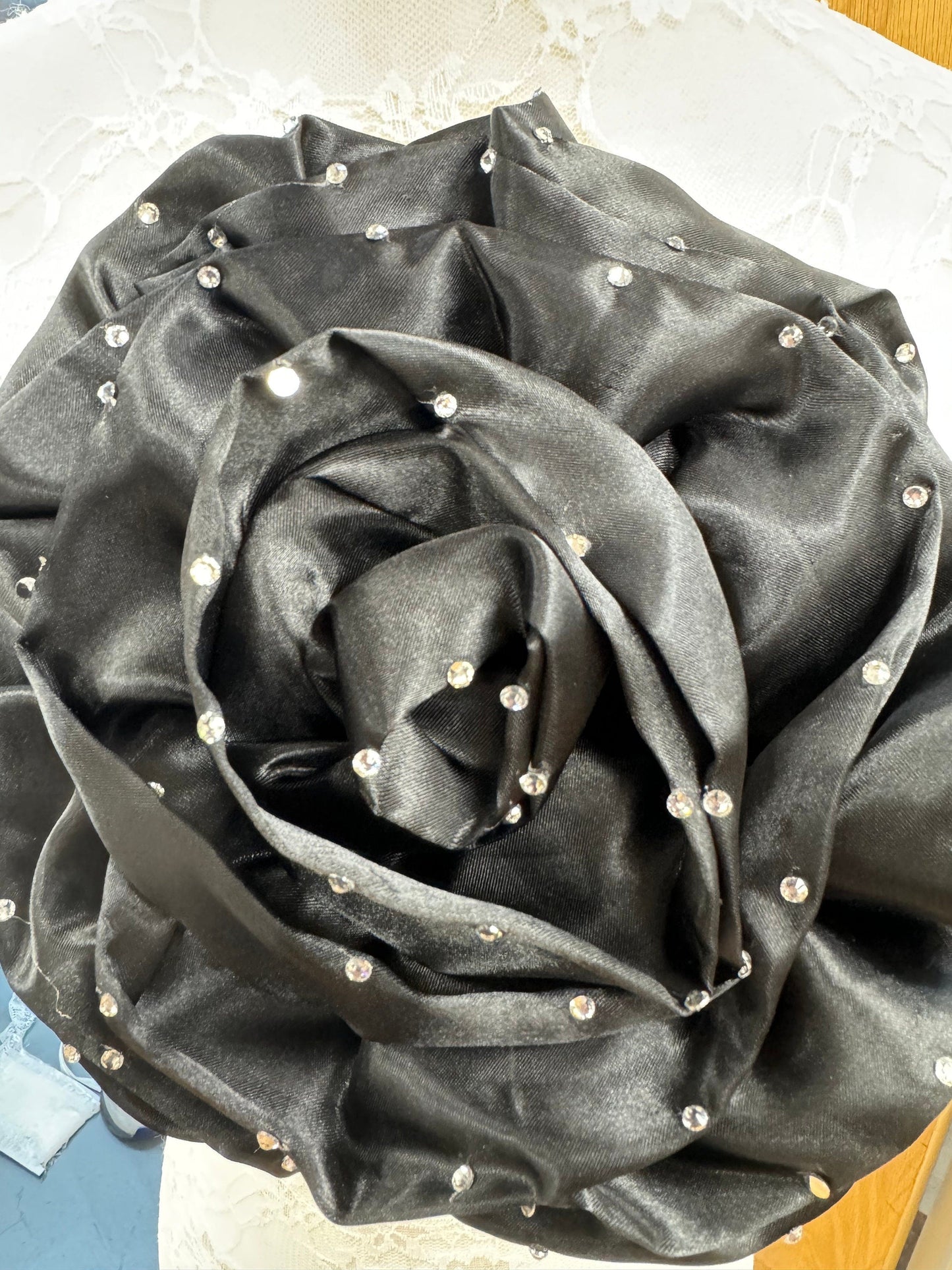 flower corsage, large corsage, diamanté corsage, black corsage, party flower