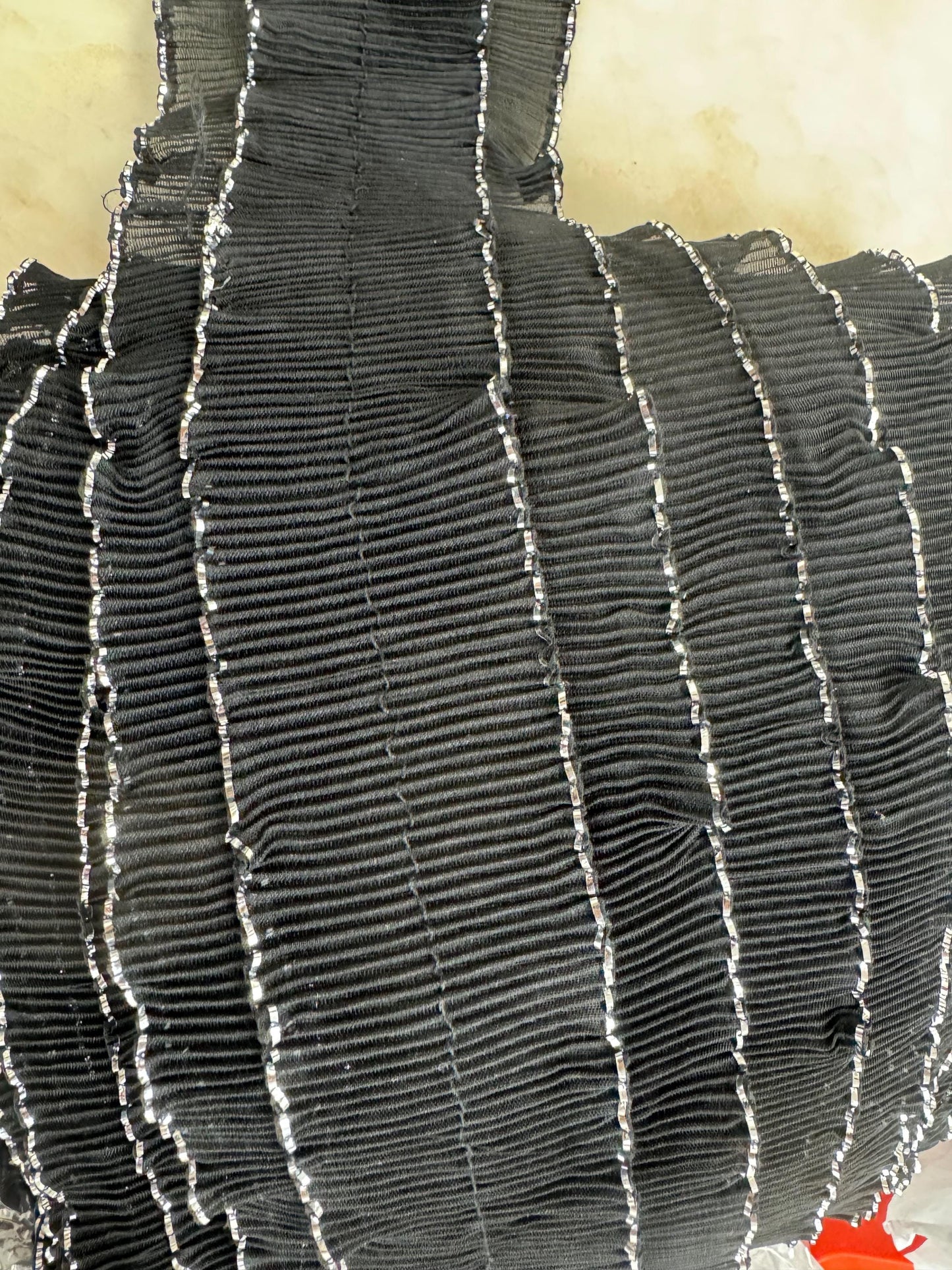 gathered organza, lace, black lace, lurex, gathered material