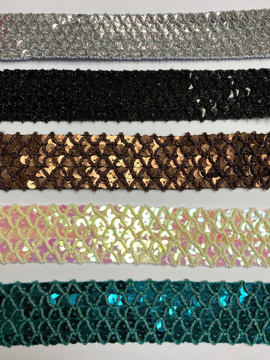 1 Mtr, Sequins & Lurex Trim 35mm rigid, sequins tape, 6 colours, lurex, sequin, lurex trim, sequins lurex