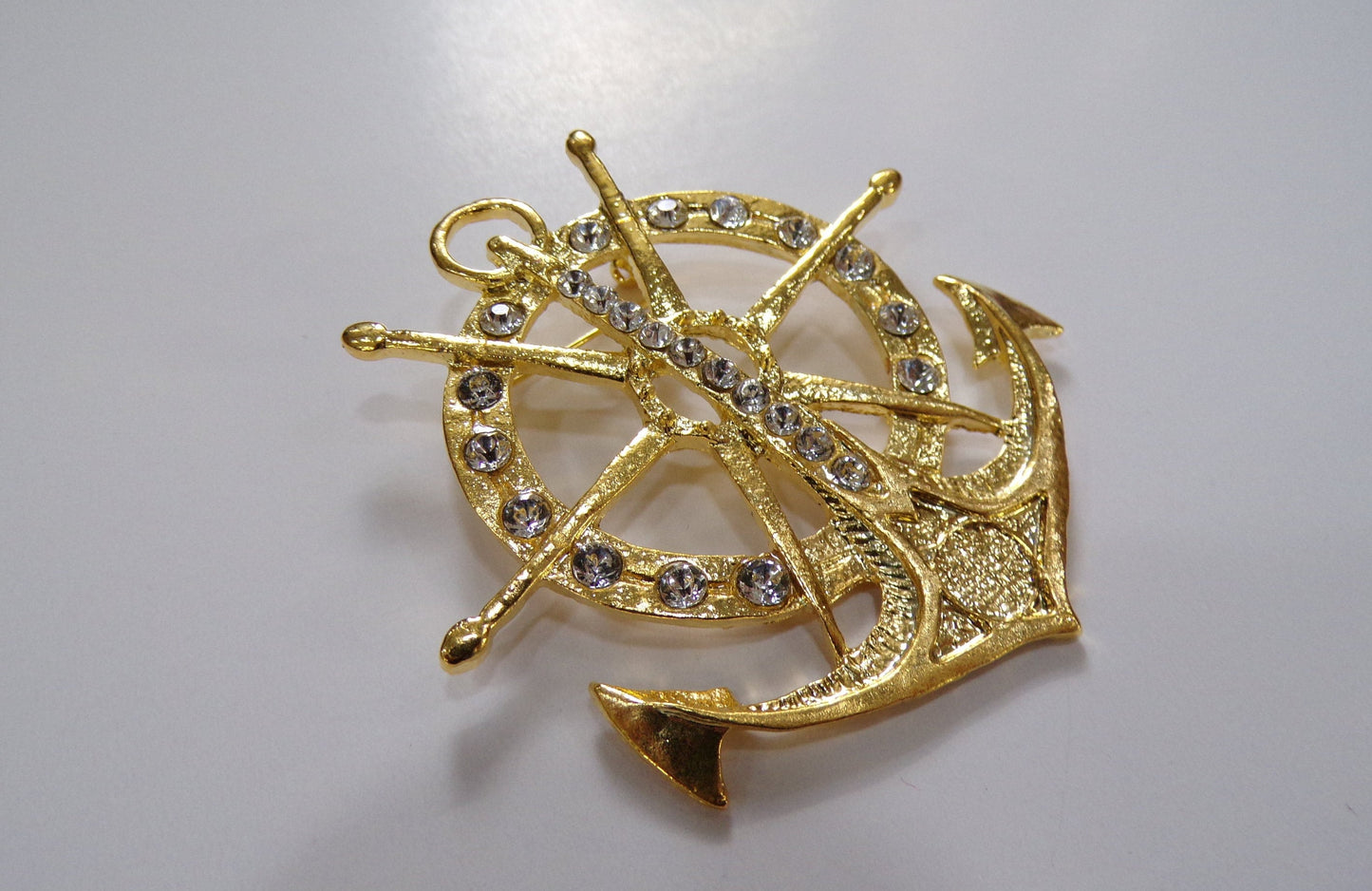 Anchor Brooch with Rhinestones, Gold Brooch, Nautical Brooch, brooch