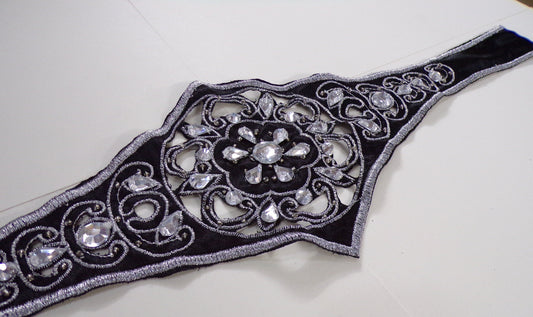 Large Black Silver Sparkly Applique, jewel embroidered trimming, embroidery