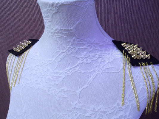 1 pair - Epaulettes with studs and chains in Gold sold as a pair, stud patch, shoulder patch, biker patch