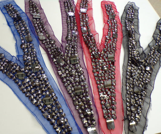 Beaded diamond mesh Collar, Applique, V Neck, 4 colours, jewel neck trim, stone trim