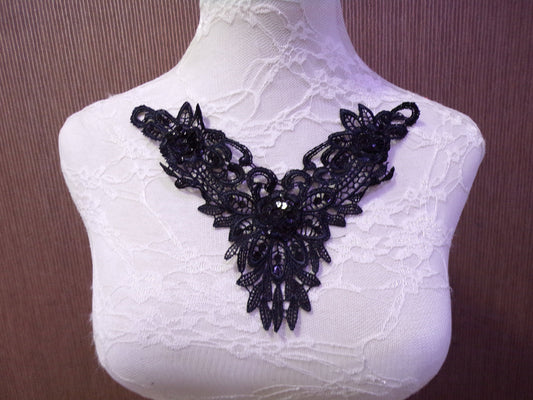 Beautiful Black Sequin Lace Applique, Round Neck, trim, appliqué, sequin appliqué.