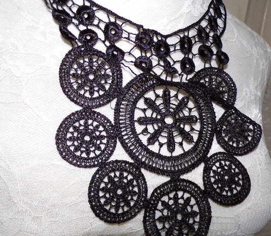 Vintage Style Black Crochet Applique, Boho Trim, Laced Neck Trim,  poly neck trim, vintage neck trim