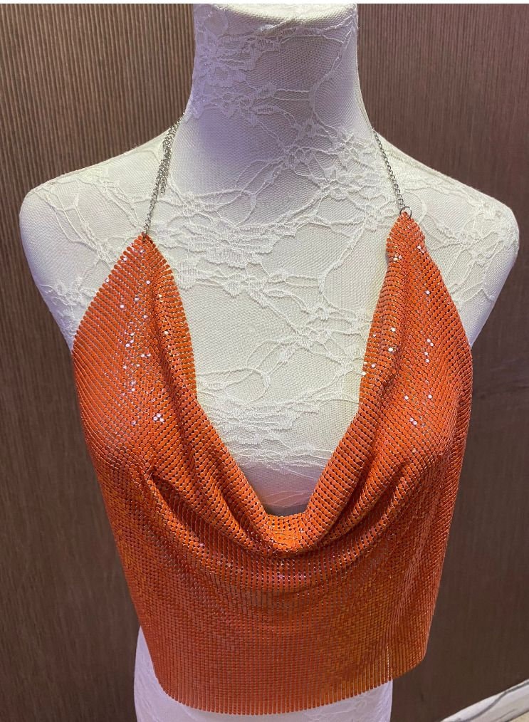 Chainmail Top Orange Exclusive colour, metal top, party top, cowl top, chainmail