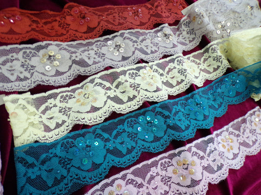 6cm wide Delicate Stretch Lace with Sequins for Sewing, Craft, Dress, Lingerie, Tops, Sequins lace
