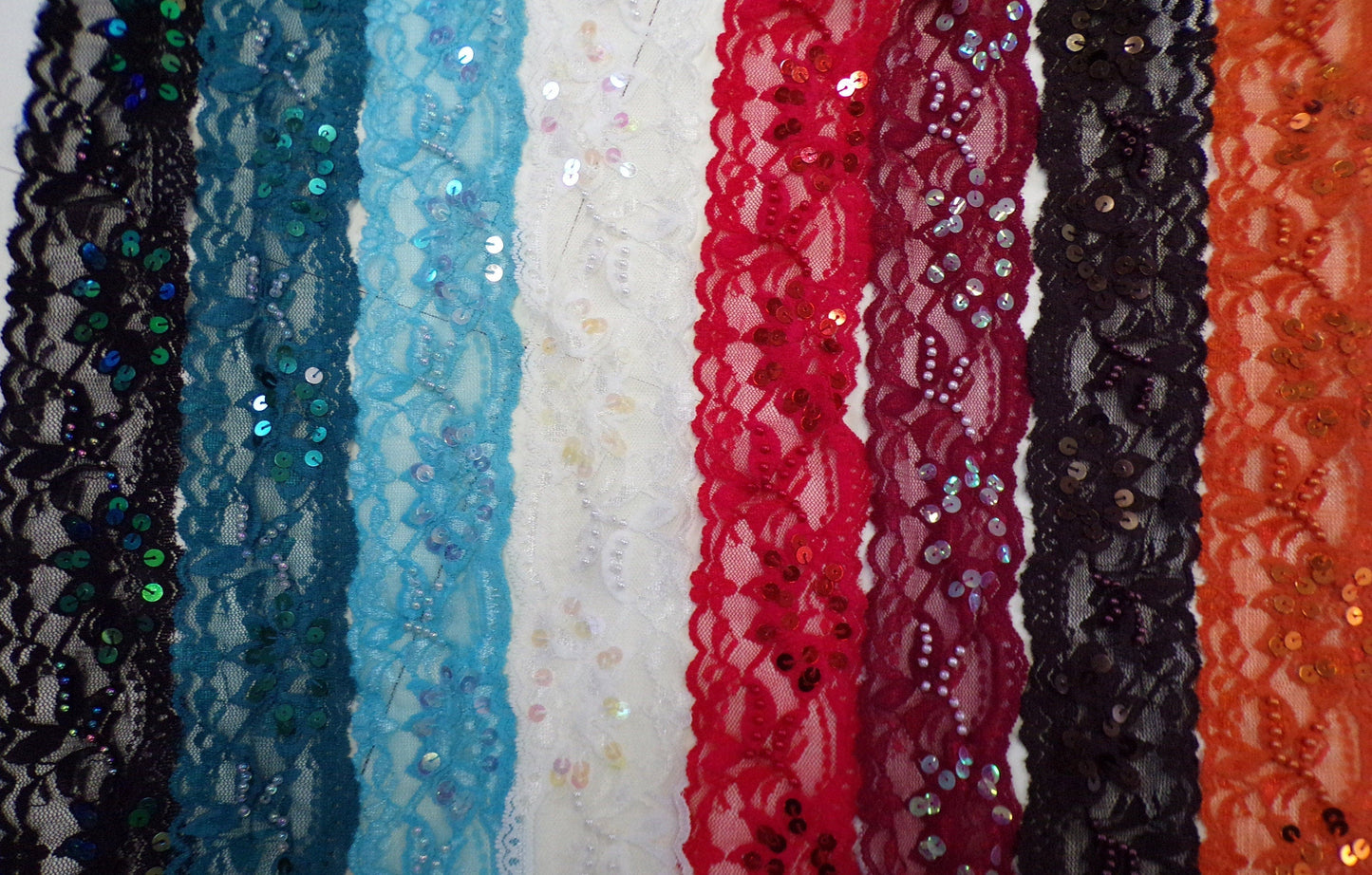 Embroidered sequin and beaded lace, 6cm wide, 1 metre, 8 colours, sequin lace, bead lace, stretch lace