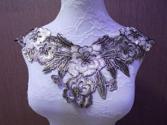 Gold Black guipure flower patch applique, neck trim, gold foil neck trim, couture trim