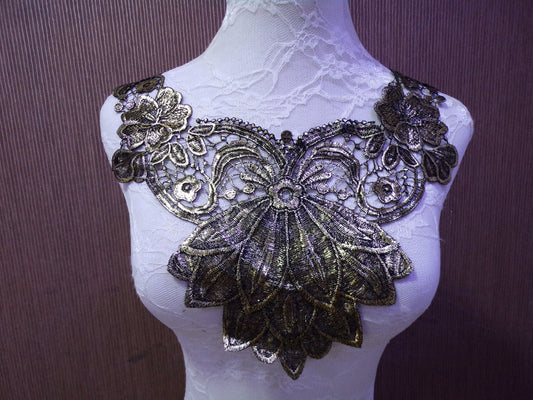 Beautiful Gold Black guipure flower patch applique, neck trim, neck gold foil trim