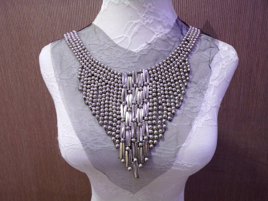 Beautiful Silver Beaded Applique, Round Neck, beaded trim, neckline, vintage trim, vintage, bead trim, neck trim,