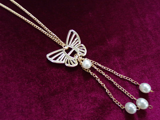 Long Gold Butterfly Necklace with beads & chain, butterfly pendant