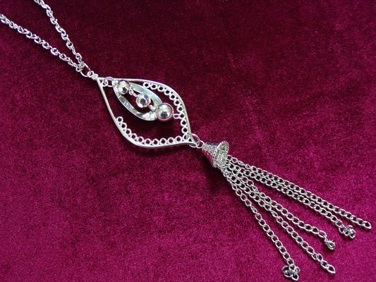 Beautiful Long Silver tone Necklace with beads & chain