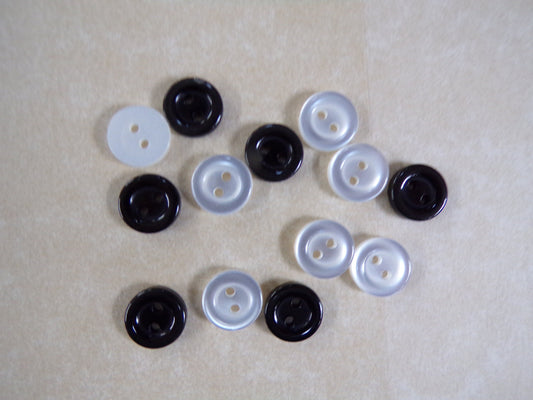 11.5 mm - 18L, Black or White 2 Hole Buttons, shirt buttons, ring edge buttons