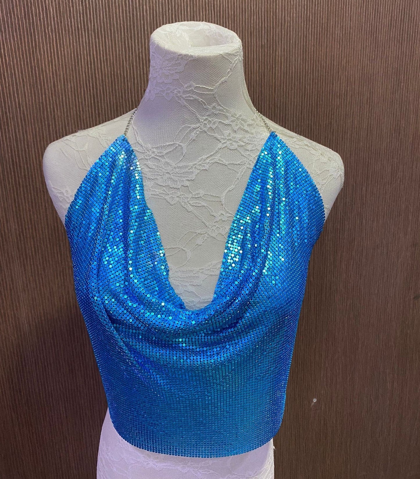 Rhinestone Chain Top, Exclusive Blue colour Crop Top, chainmail top, party top, metal top