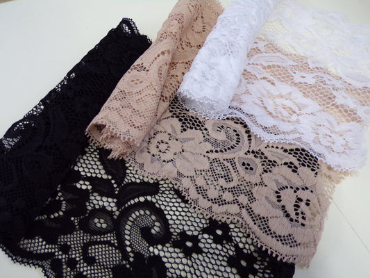 Beautiful Stretch Lace 15cm Black, White, Ivory, Stone, Stretch Lace for Underwear, Tops, Dresses, Sewing Craft, lace, soft lace