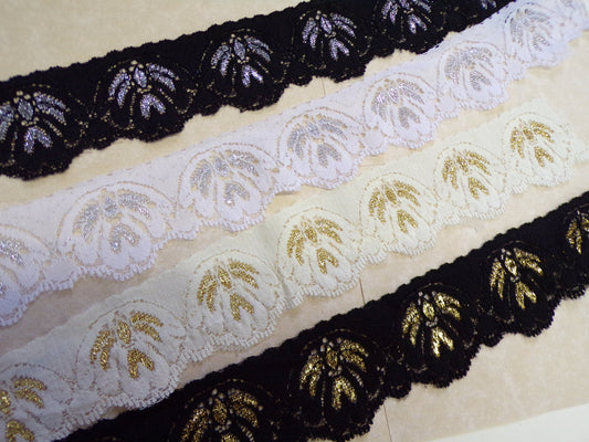 4cm wide Fine Stretch Lace Trim, Stretch Lace with lurex for Sewing, Craft, lurex lace, lace