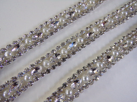 Diamante Pearl Beaded Trim, Iron on Rhinestone Ribbon for Bridal, Sash Diamante Wedding, Belt, Hat, Bag, Craft, iron on diamante, diamante,