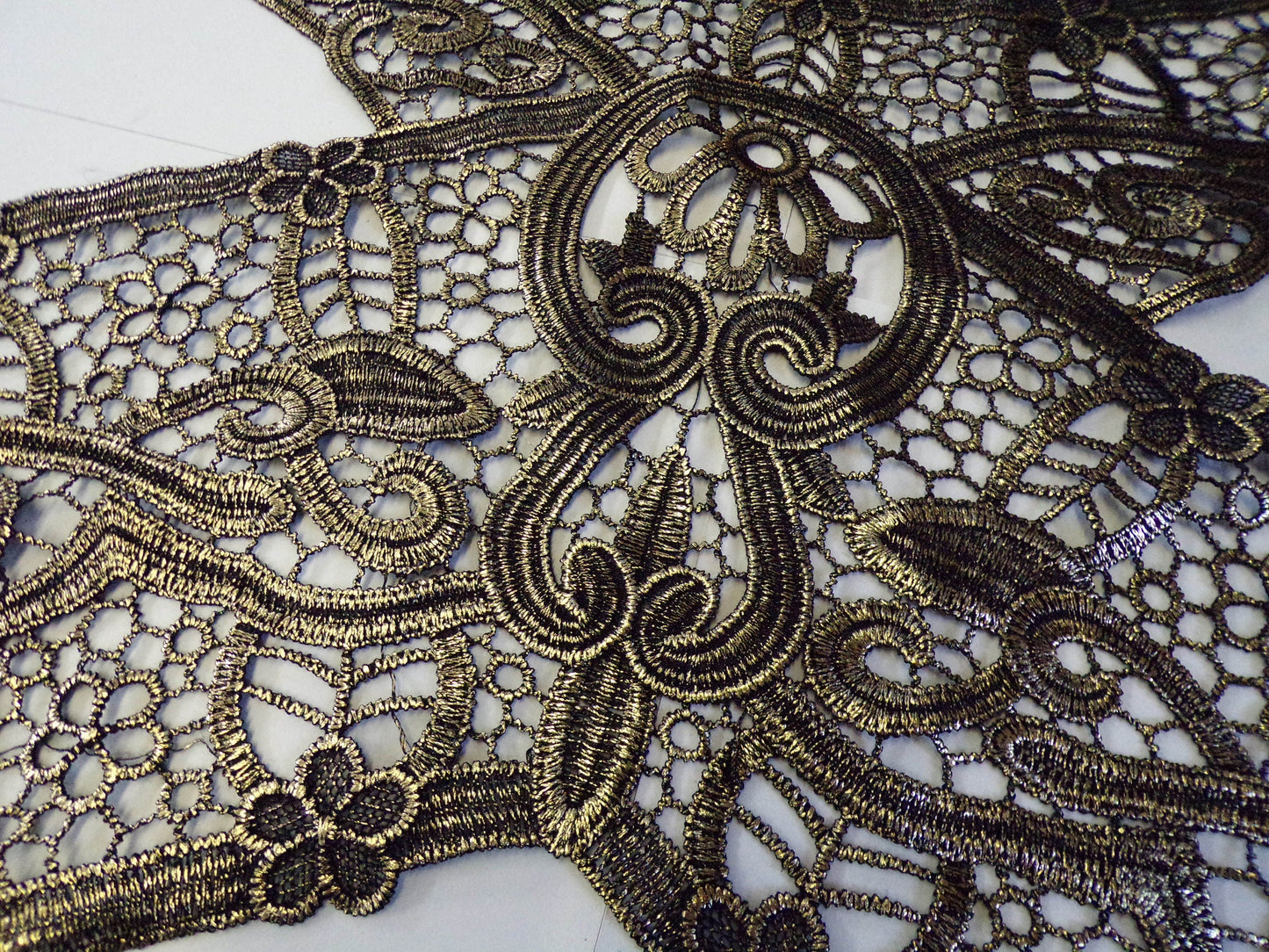 Large Exquisite Black Gold Lace Applique, large body trim, neck trim, floral appliqué, sewing patch, gold foil bodytrim