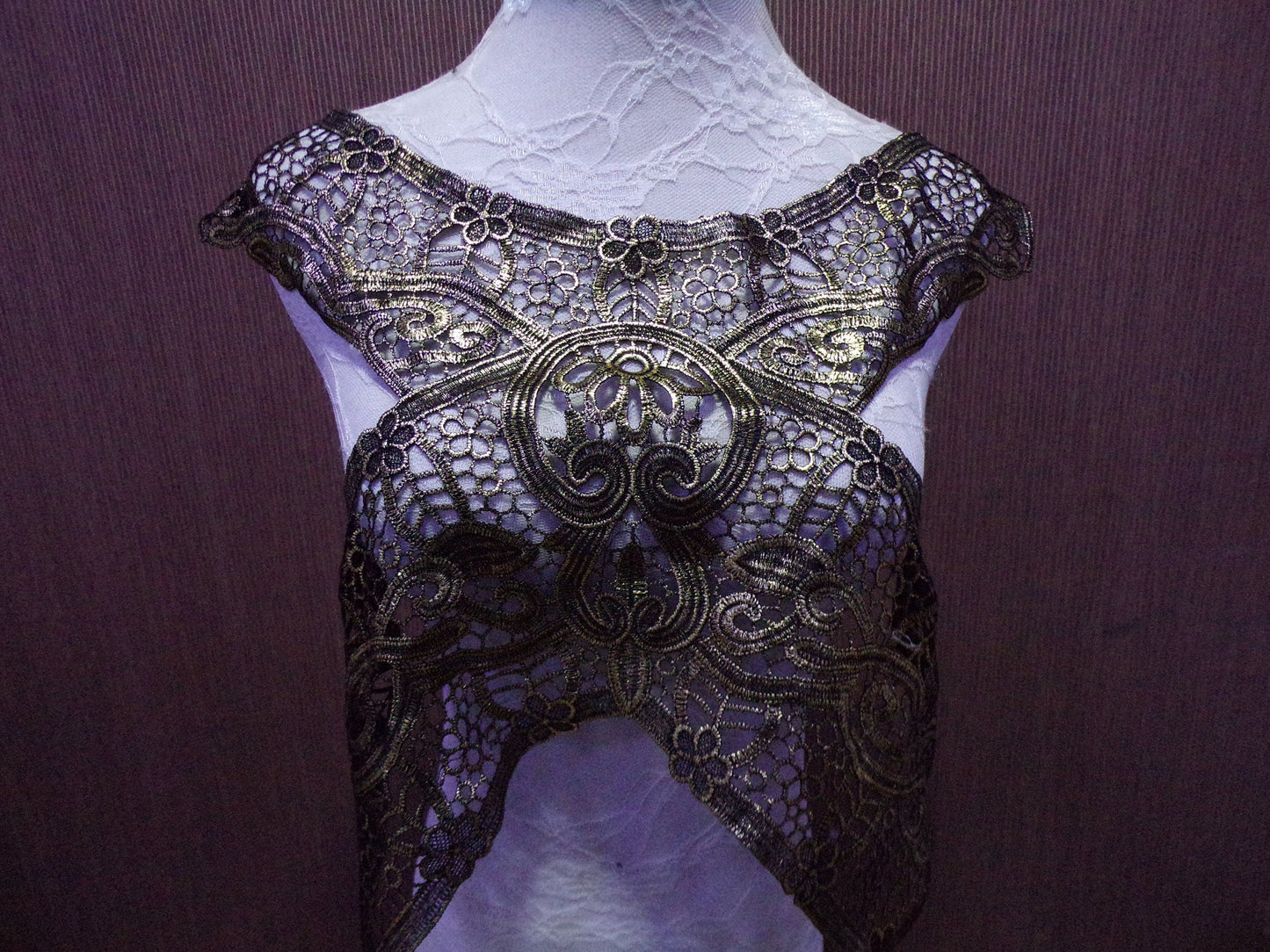 Large Exquisite Black Gold Lace Applique, large body trim, neck trim, floral appliqué, sewing patch, gold foil bodytrim