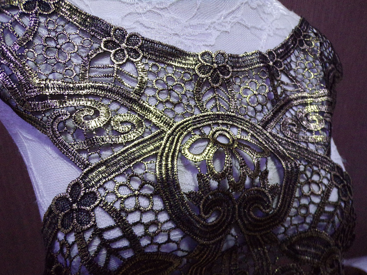 Large Exquisite Black Gold Lace Applique, large body trim, neck trim, floral appliqué, sewing patch, gold foil bodytrim