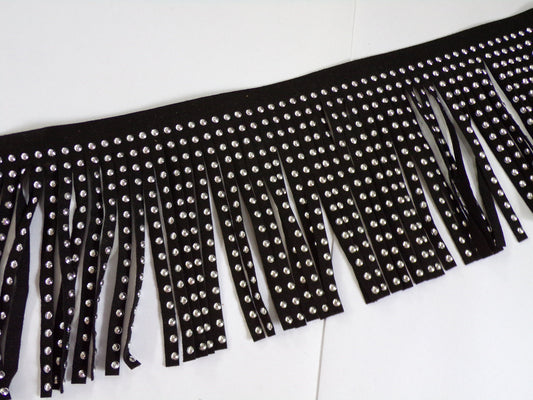 10cm Faux Suede Black Silver Fringe Trim, fashion Decor, Sewing, Craft, fringe, suede fringe, couture fringe, stud fringe