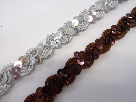 1 Mtr, Sequins & Lurex Silver, Brown Trim 15mm, sequins, lurex trim, Decor, Sewing, Hair Crafts, 3 colours