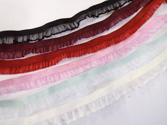 15mm Ruffle Edge Elastic, Lingerie Elastic, Organza Frill Ruffle for sewing ,lingerie, crafts, frill, organza. Frill, 10 colours