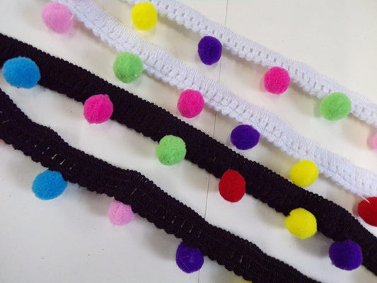 Pom Pom Trim, Boho Trim, Tape, Ribbon, Black, White, Sewing, Craft, festival trim