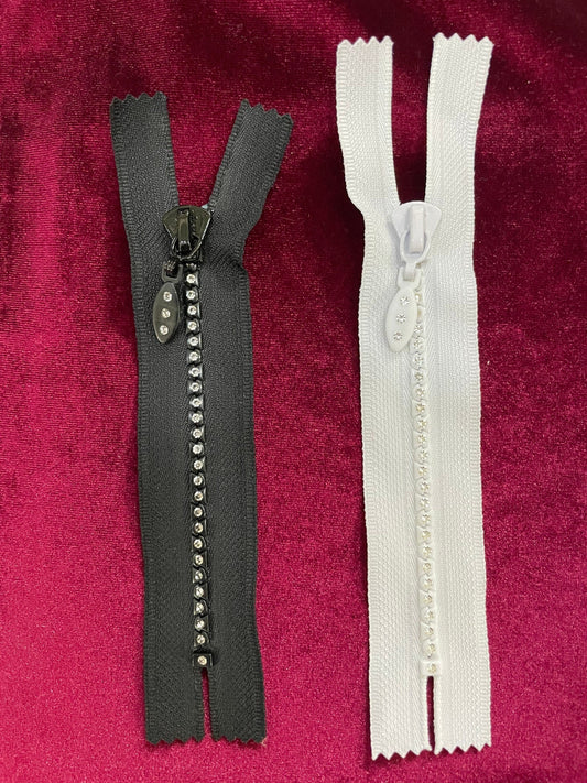 Diamanté zip, plastic zips, rhinestone zips, 5”, black or white, zips.