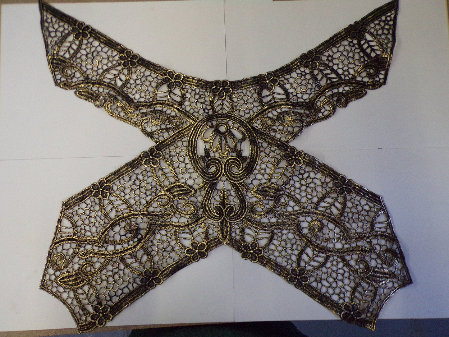 Large Exquisite Black Gold Lace Applique, large body trim, neck trim, floral appliqué, sewing patch, gold foil bodytrim