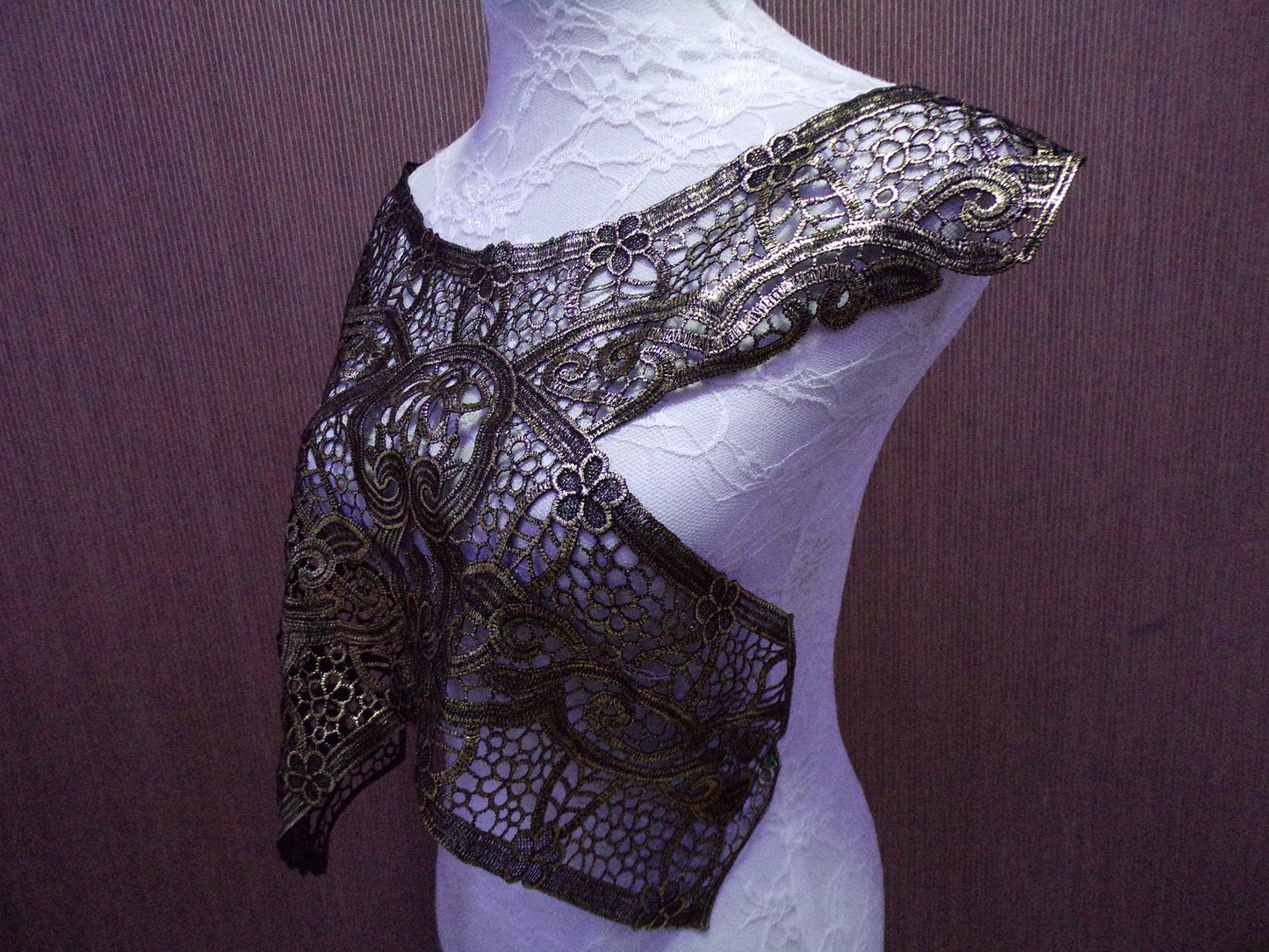 Large Exquisite Black Gold Lace Applique, large body trim, neck trim, floral appliqué, sewing patch, gold foil bodytrim