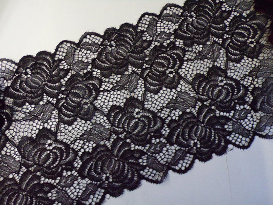 20cm, Elegant FLORAL Stretch Lace Trim, Black Or Ivory, Stretch Lace, French lace trim, Wide lace, stretch lace, lingerie lace, soft lace