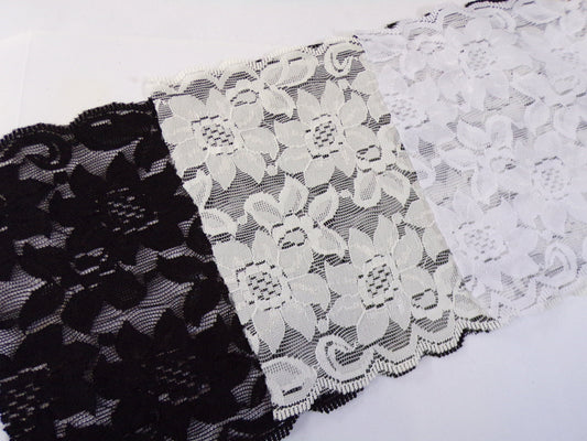 15cm wide, Floral Stretch Lace Trim, Black White Ivory Lace, French lace trim, Wide lace for Lingerie, Tops, Dress, Sewing, Floral lace,