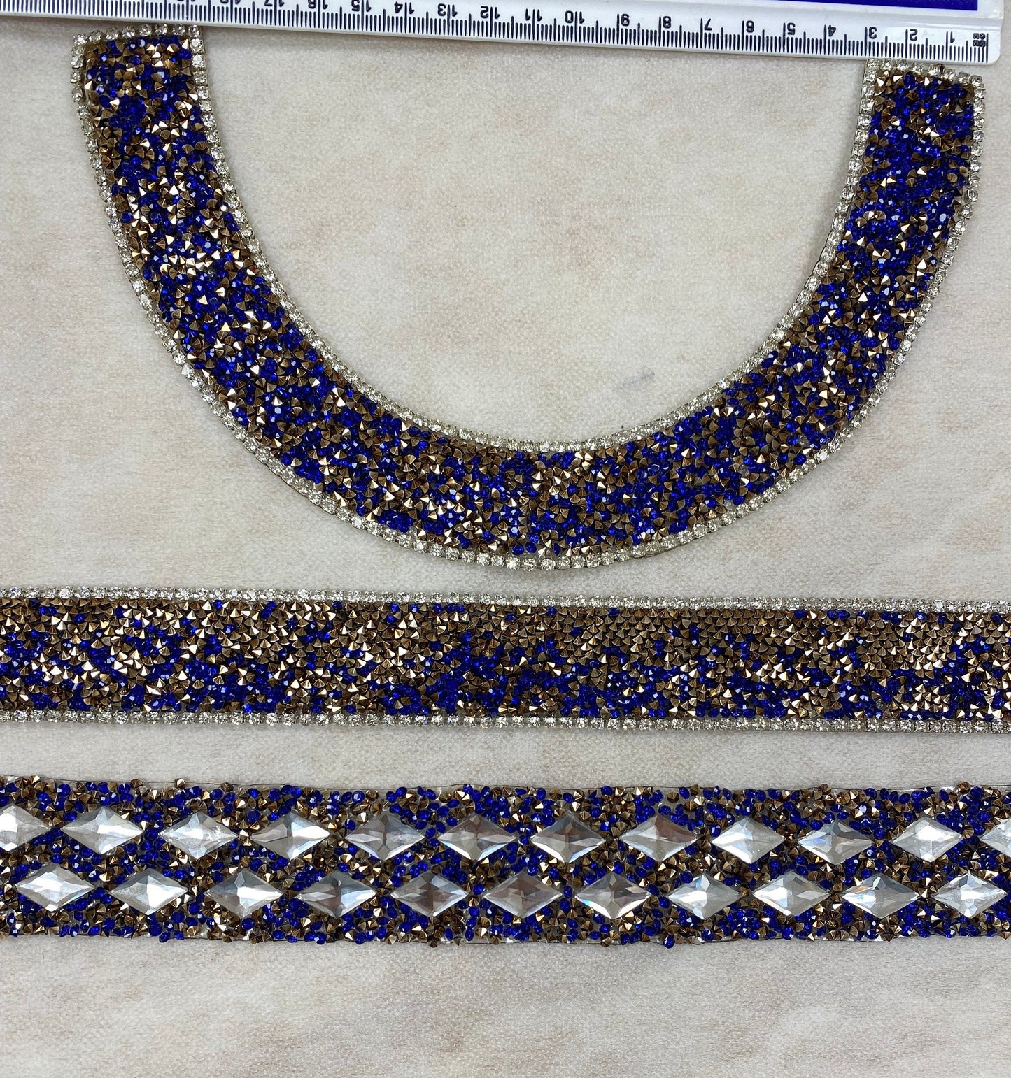 Jewel Iron On Trims Royal Blue, Rectangle, Collar, NeckTrim